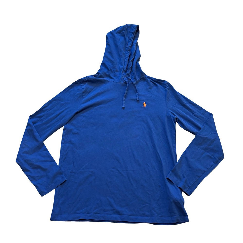 Polo Ralph Lauren Mens Blue Long Sleeve Hooded‎ T-Shirt Orange Pony Logo Size M